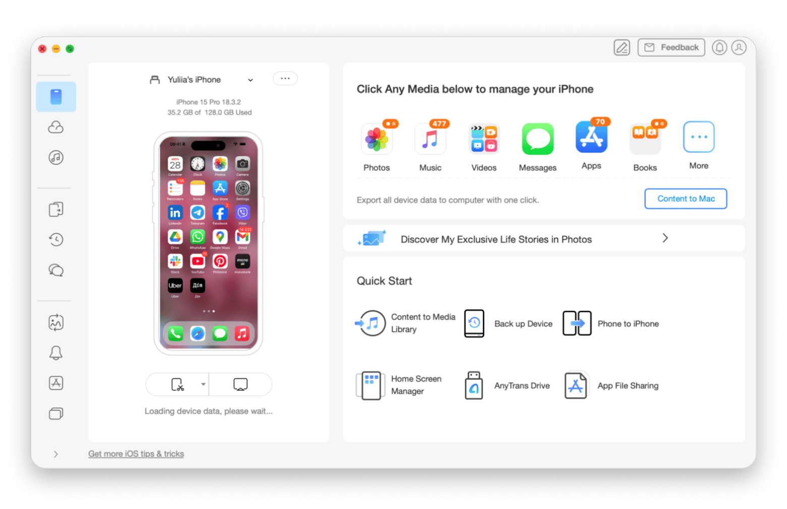 Die Oberfläche von AnyTrans for iOS, einer Backup-App, die auf Setapp verfügbar ist